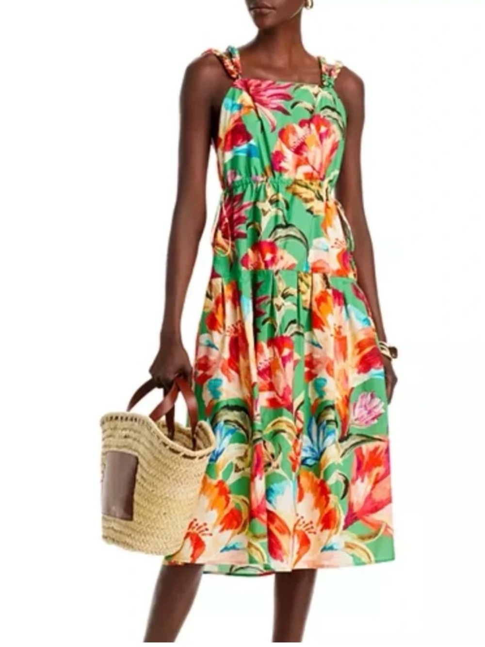 FARM Rio Green Floral Tie-Shoulder Midi Dress